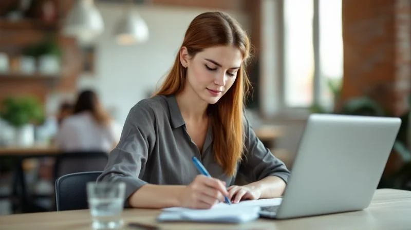 Frau sitzt am Schreibtisch in einem hellen Coworking Space in Bochum und lernt am Laptop