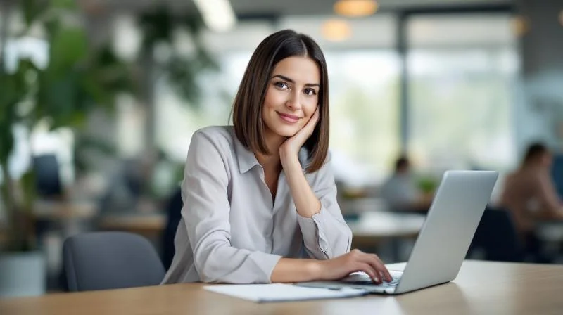 Frau arbeitet konzentriert am Laptop in einem modernen Bochumer Büro